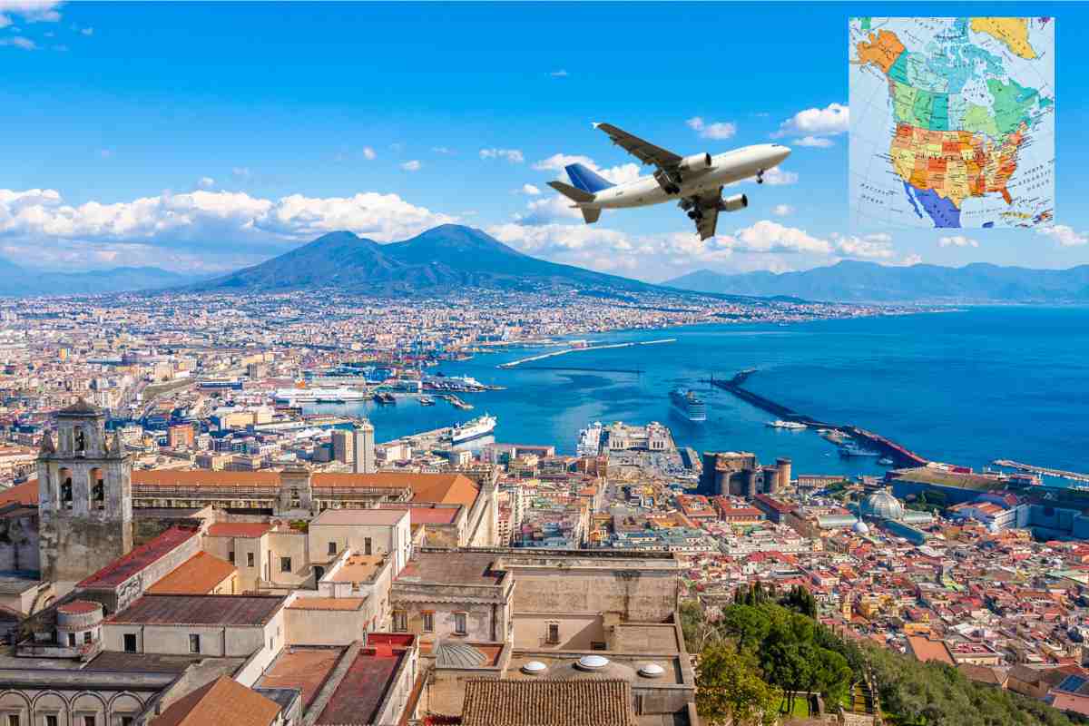 Panorama Napoli aereo che vola e cartina Nord America