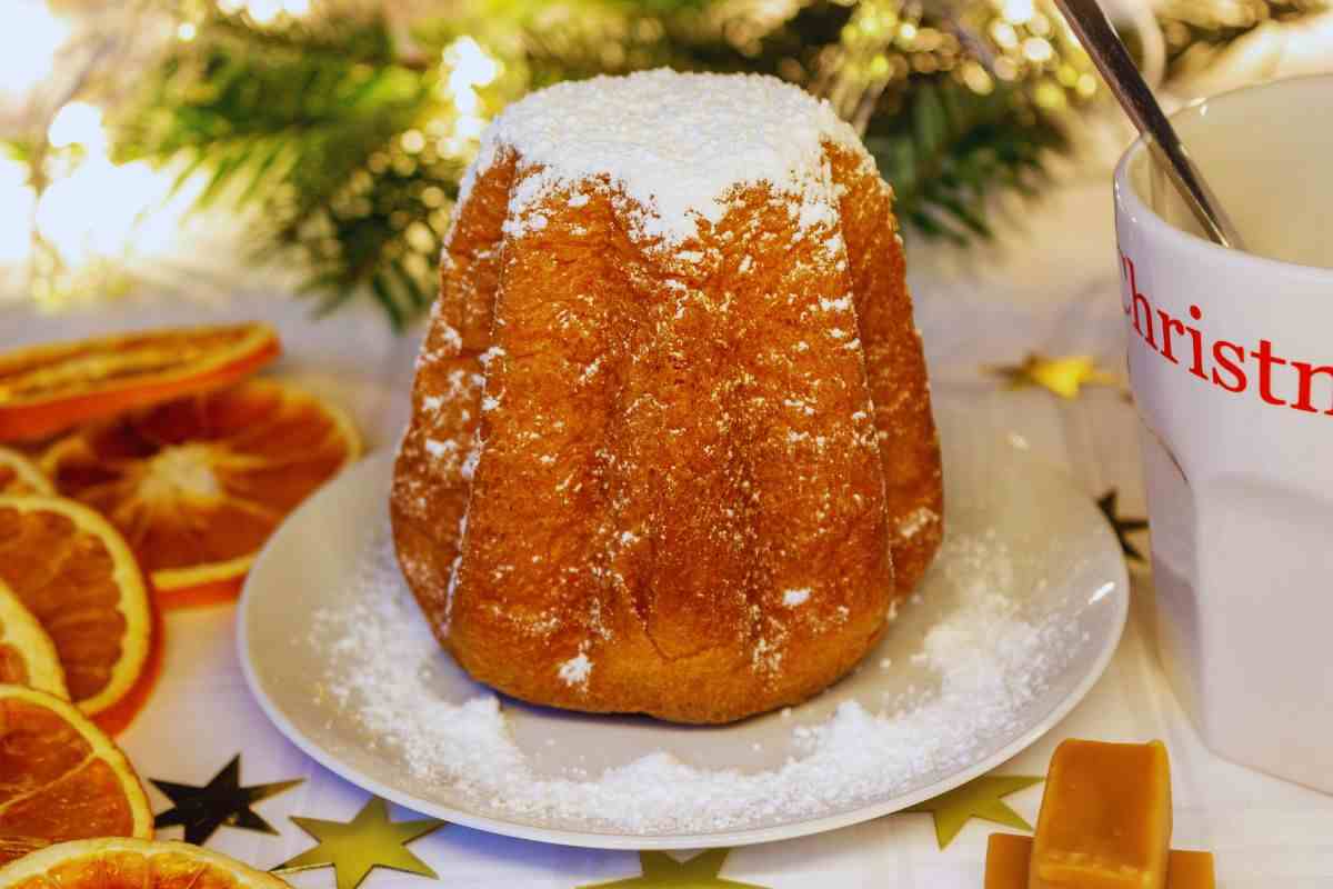 un pandoro con lo zucchero a velo su un piatto