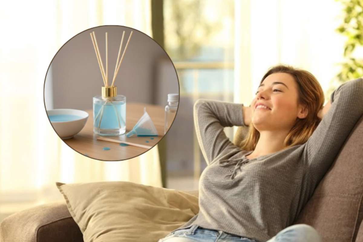donna sul divano e cornice con ingredienti per profumatore