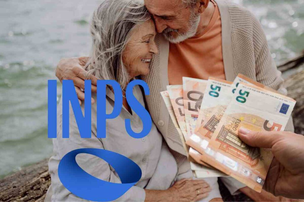 Due anziani felici in esterna e logo INPS e soldi