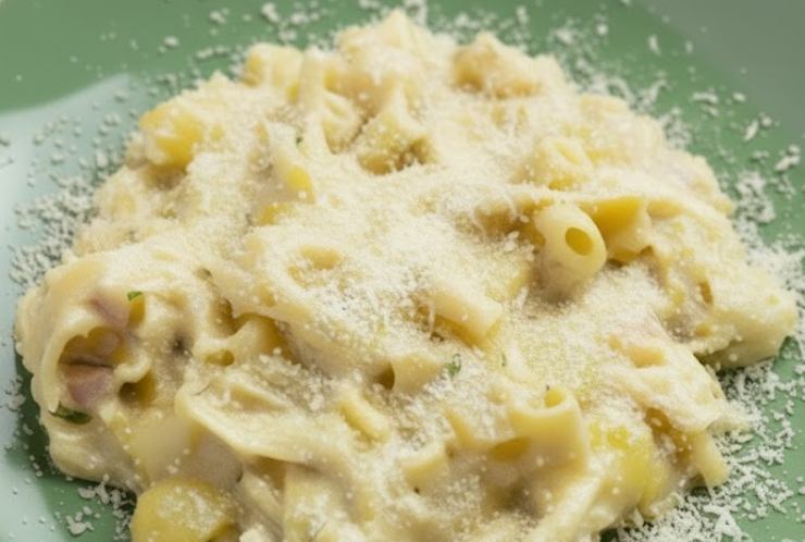 primo piano di pasta e patate con provola