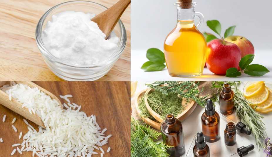 ingredienti naturali vari: aceto, bicarbonato, riso e oli essenziali