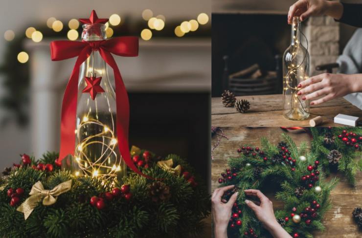 centrotavola di natale con bottiglia e passaggi per realizzarlo