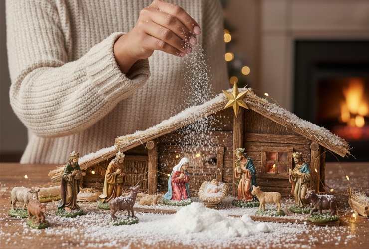 donna che spolvera neve finta su presepe