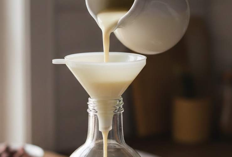 liquore al cioccolato bianco versato con imbuto in bottiglia di vetro