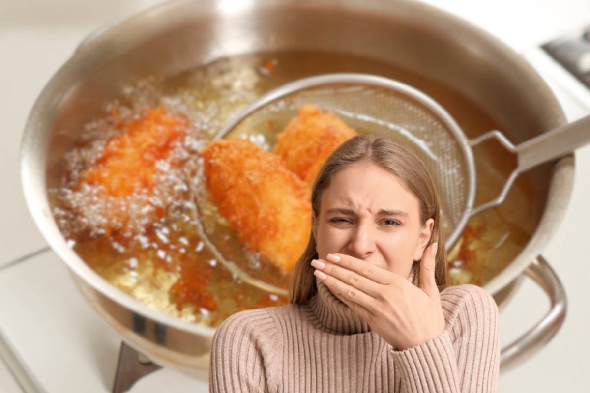 pentola con frittura e donna che sente puzza