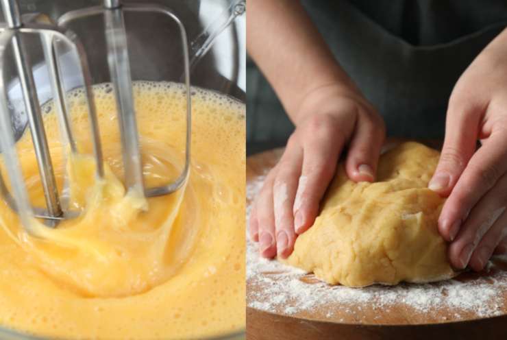 frullino che lavora uova e mani che impastano frolla