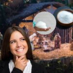 donna che pensa con presepe alle spalle e miniature di bicarbonato e schiuma da barba