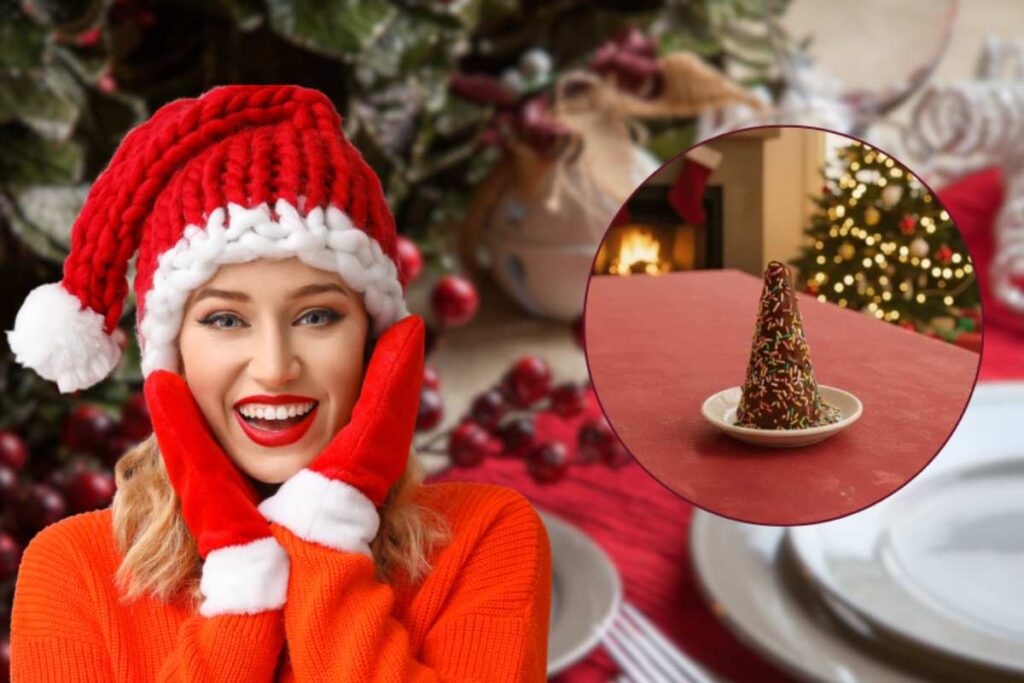 donna vestita in tema natalizio e tavola con alberelli di cioccolato