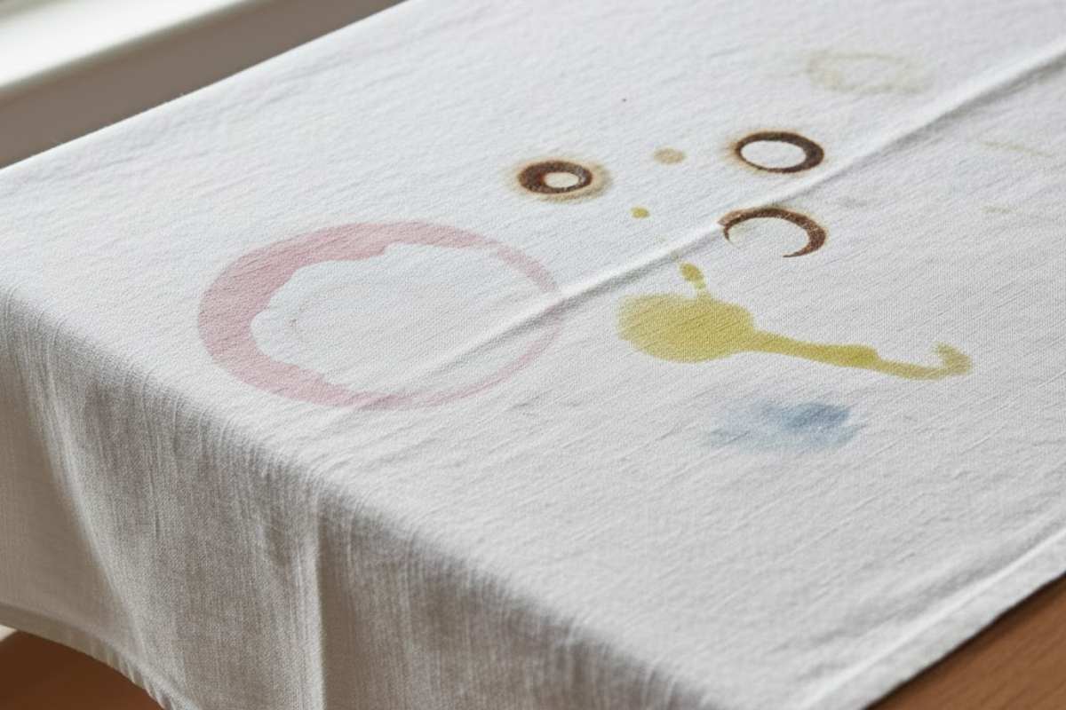 tavolo con tovaglia bianca macchiata