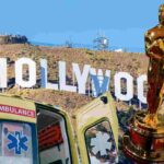 La scritta Hollywood con una ambulanza e la statuetta del premio Oscar