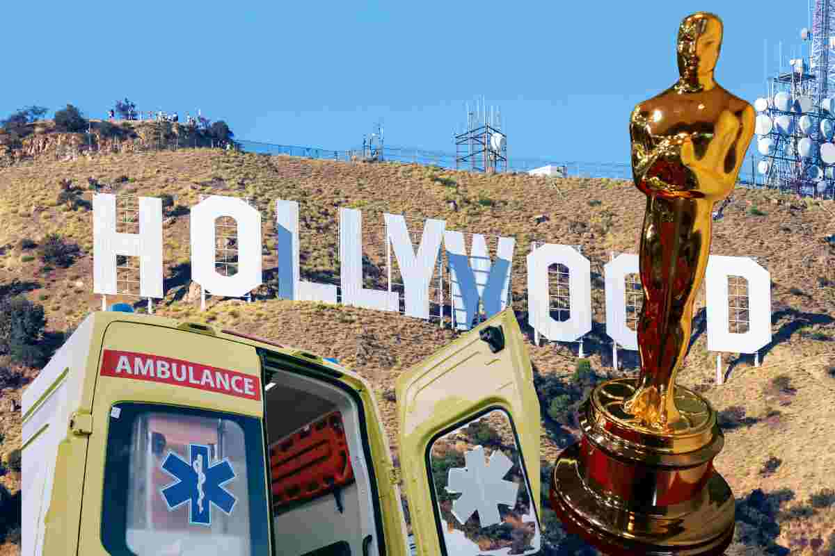 La scritta Hollywood con una ambulanza e la statuetta del premio Oscar