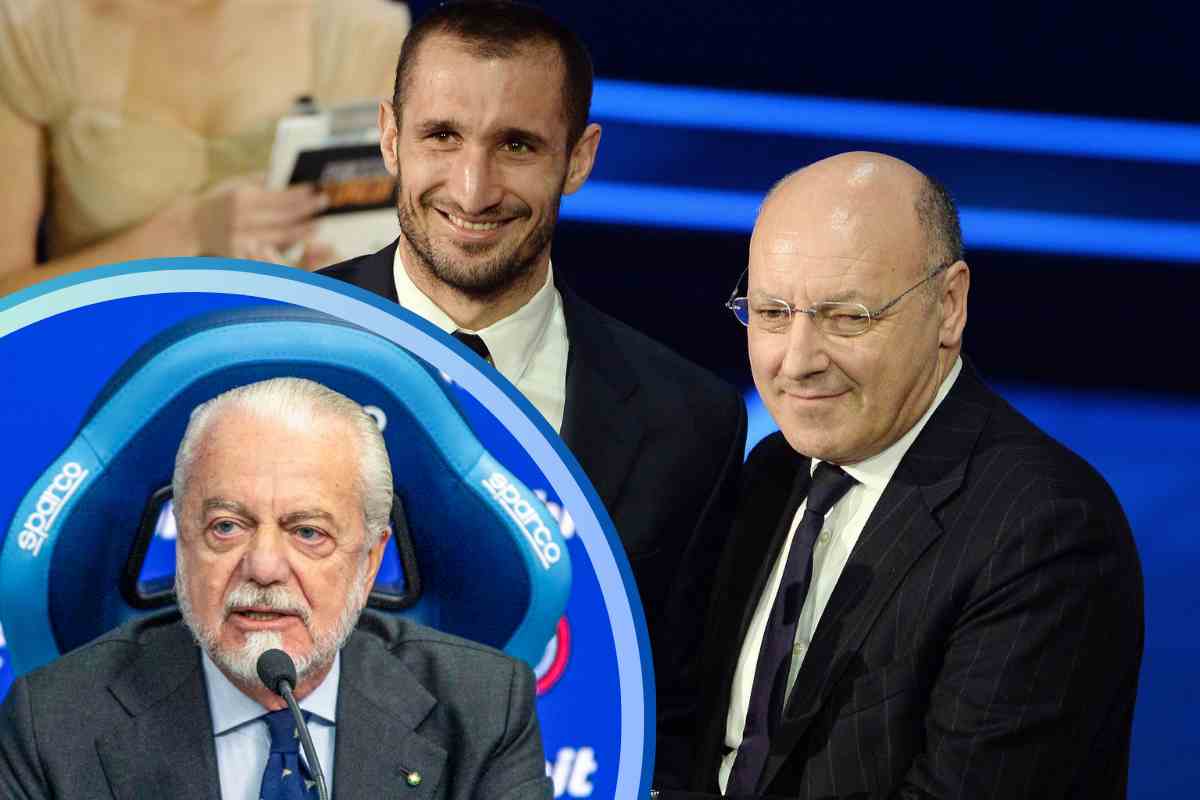 Giorgio Chiellini e Beppe Marotta con Aurelio De Laurentiis in piccolo