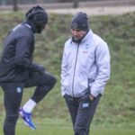 Romelu Lukaku accanto ad Antonio Conte nel corso di un allenamento del Napoli.
