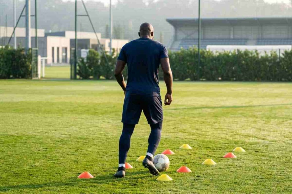 Un calciatore che sembra Romelu Lukaku mentre si allena da solo su un prato con il pallone e strumenti specifici ed è ritratto di spalle.