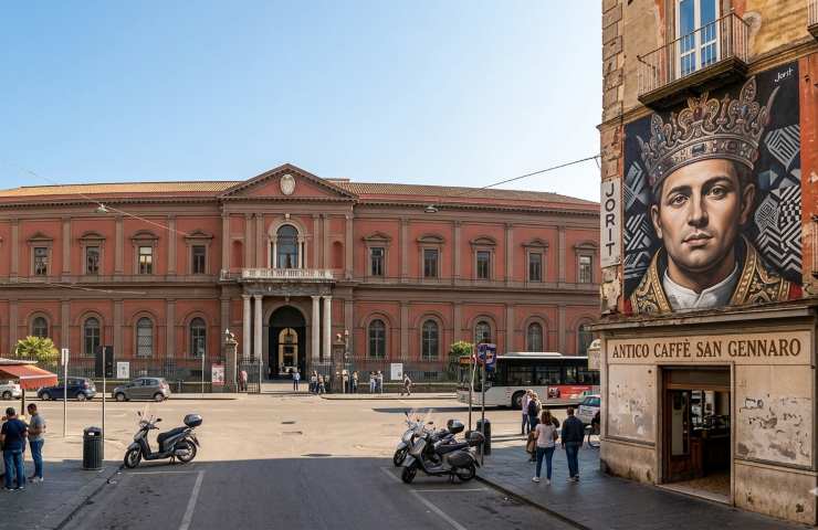 Museo Archeologico Nazionale MANN Napoli facciata storica borbonica. Piazza Museo Nazionale con turisti, Vespe e street art Jorit San Gennaro.