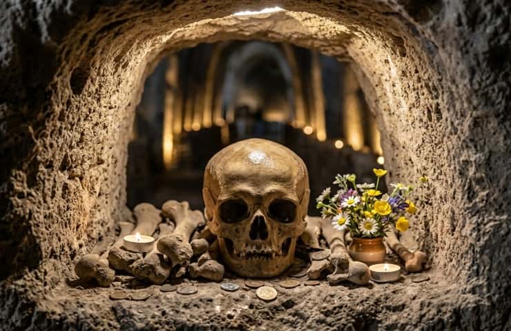 Dettaglio di un teschio adottato nel Cimitero delle Fontanelle a Napoli: offerte di fiori e monete per il culto delle anime pezzentelle nel Rione Sanità.