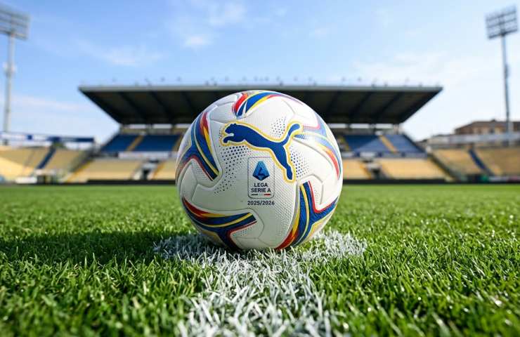 Pallone ufficiale Serie A 2025/2026 Puma Orbita, posizionato sul dischetto del centrocampo dell'Ennio Tardini, circondato dal prato dello stadio illuminato dalla luce del giorno.