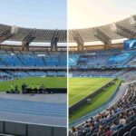 Confronto tra lo stato attuale dello Stadio Maradona e il rendering del progetto di restyling senza pista d'atletica per Euro 2032.
