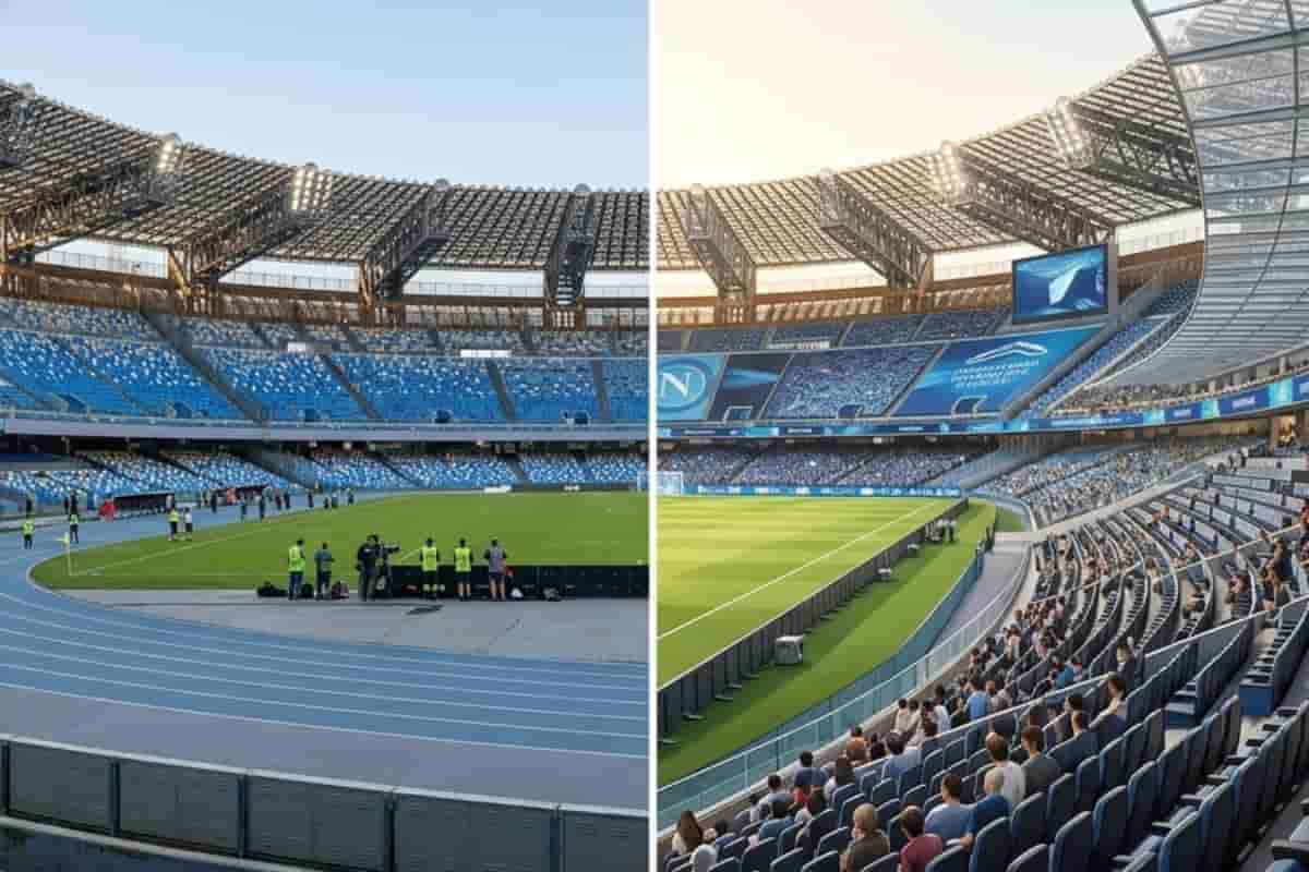 Confronto tra lo stato attuale dello Stadio Maradona e il rendering del progetto di restyling senza pista d'atletica per Euro 2032.