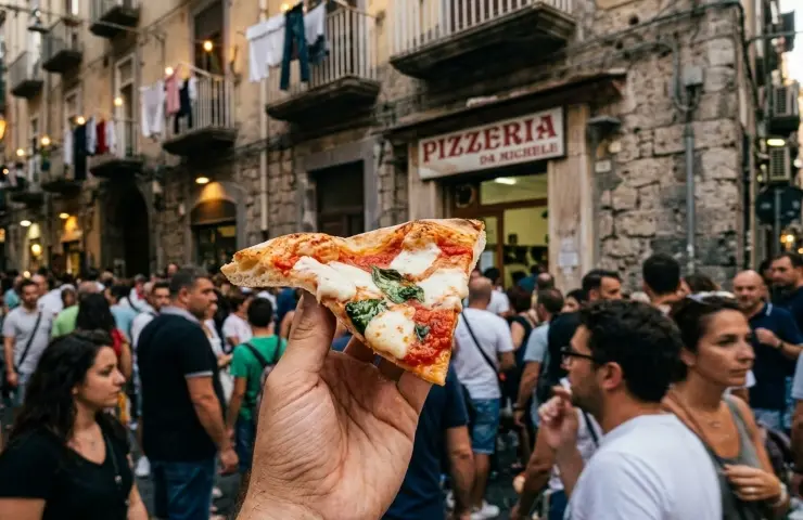 Turista mangia una fetta di pizza a portafoglio tra i vicoli affollati del centro di Napoli.