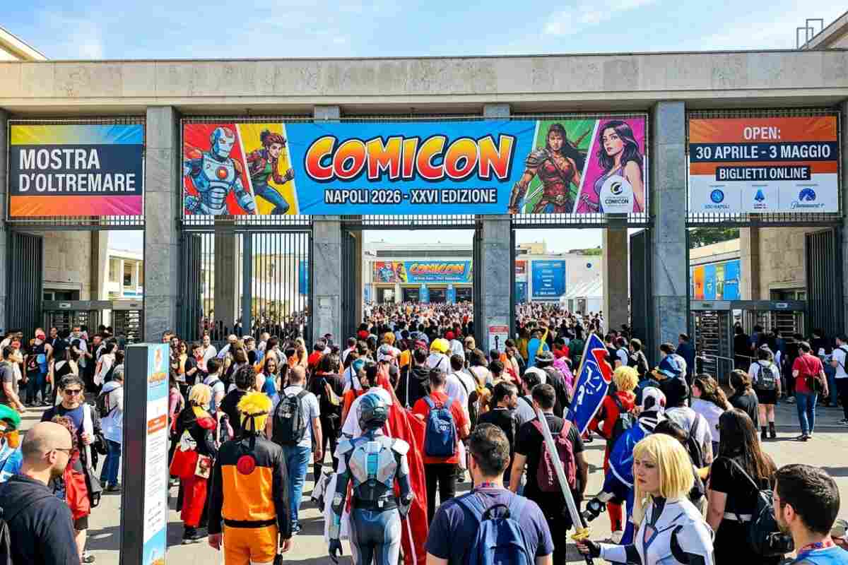 Ingresso Comicon Napoli 2026 alla Mostra d'Oltremare con folla di visitatori, cosplay e banner ufficiali dell'evento.