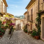 Vicolo fiorito e acciottolato nel borgo storico di Puglianello, Benevento, Campania, in una giornata di Sole.