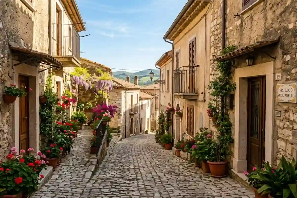 Vicolo fiorito e acciottolato nel borgo storico di Puglianello, Benevento, Campania, in una giornata di Sole.