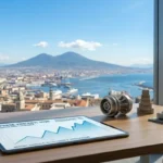 Ufficio moderno a Napoli con vista Vesuvio e tablet che mostra grafici crescita PMI Campania 2026.