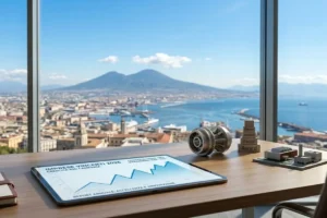 Ufficio moderno a Napoli con vista Vesuvio e tablet che mostra grafici crescita PMI Campania 2026.