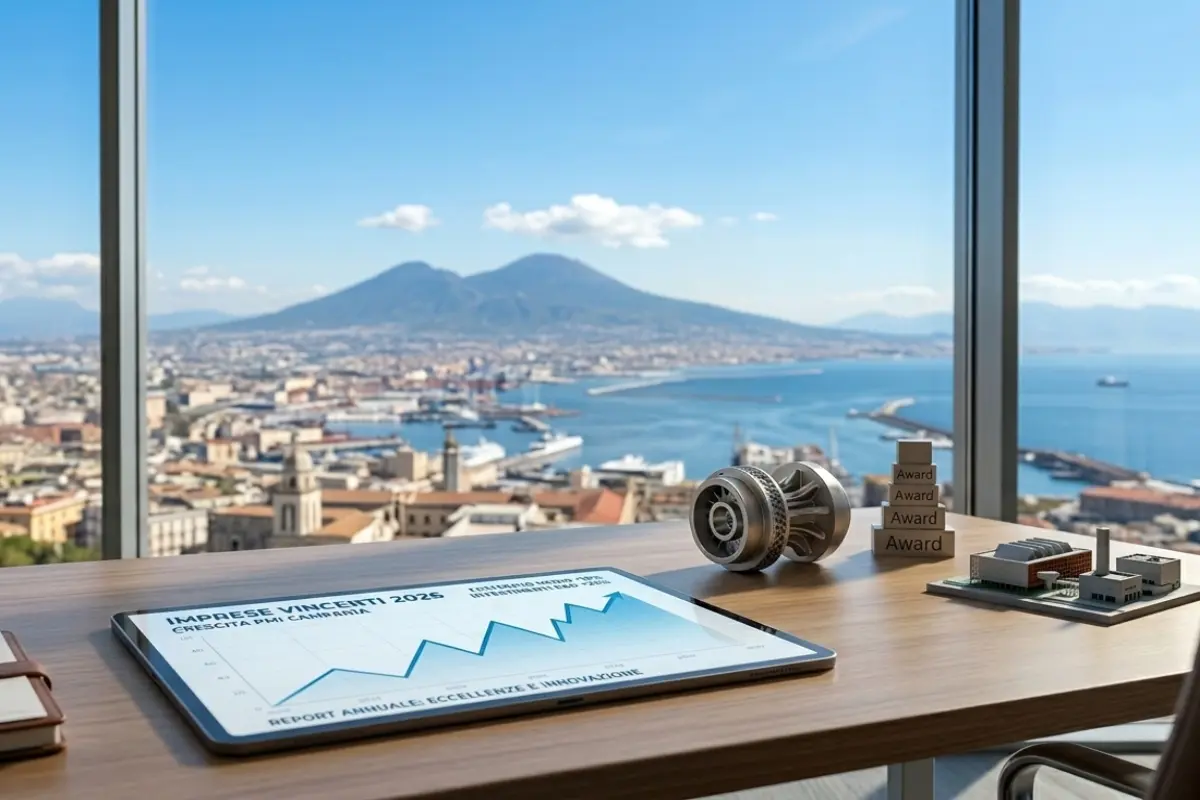 Ufficio moderno a Napoli con vista Vesuvio e tablet che mostra grafici crescita PMI Campania 2026.
