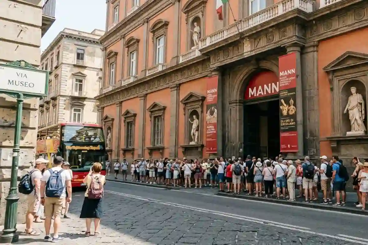 Turisti in coda all'ingresso del Museo Archeologico Nazionale di Napoli MANN per l'apertura gratuita del 25 aprile.