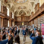 Inaugurazione mostra Rinascimento Meridionale alla Biblioteca dei Girolamini a Napoli: visitatori scattano foto nella sala monumentale barocca piena di libri.