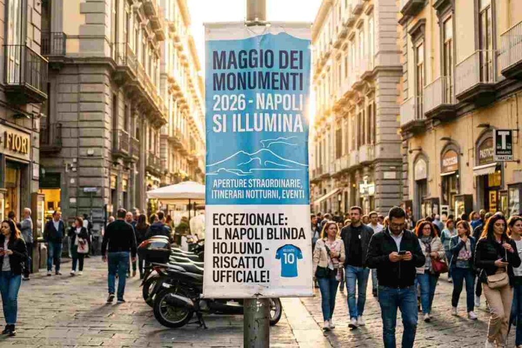 Manifesto del Maggio dei Monumenti 2026 e news riscatto Hojlund Napoli in una via del centro affollata al tramonto.