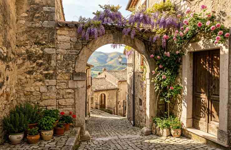 Antico portale in pietra con piante rampicanti e luce solare in un borgo storico del Sannio, Campania, Italia.