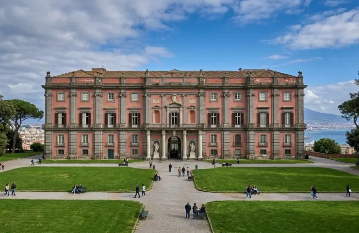 Facciata della Reggia di Capodimonte a Napoli con turisti nel parco monumentale durante una giornata di sole.