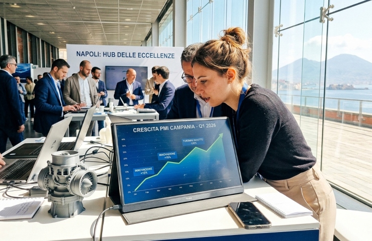 Evento Imprese Vincenti 2026 a Napoli: tablet con grafici crescita PMI Campania e vista sul Vesuvio da Città della Scienza.