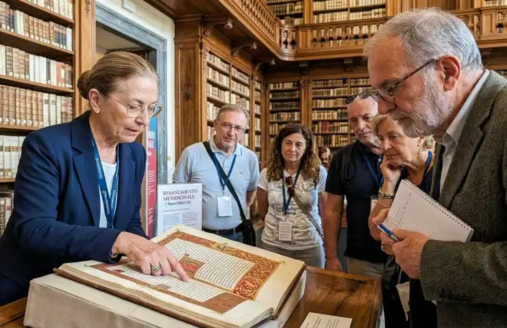 Dettaglio di un antico manoscritto miniato esposto alla mostra Rinascimento Meridionale nella Biblioteca dei Girolamini a Napoli, osservato da visitatori e curatori.