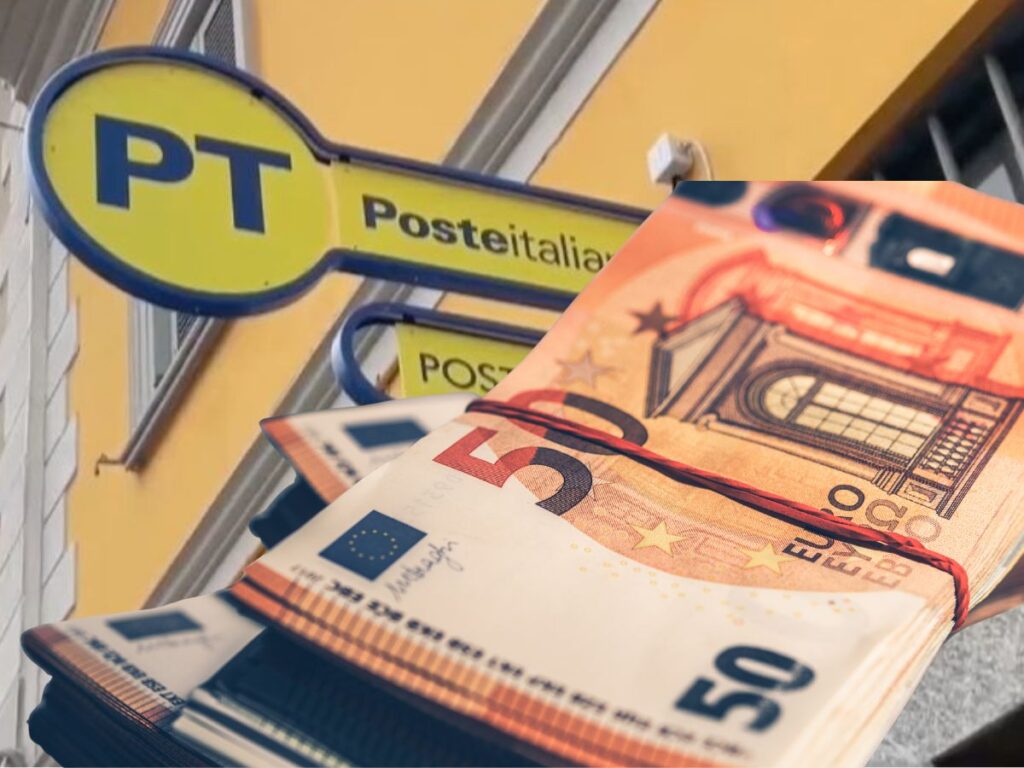 Sullo sfondo un ufficio di Poste Italiane, in primo piano un mazzetto di banconote da 50 euro